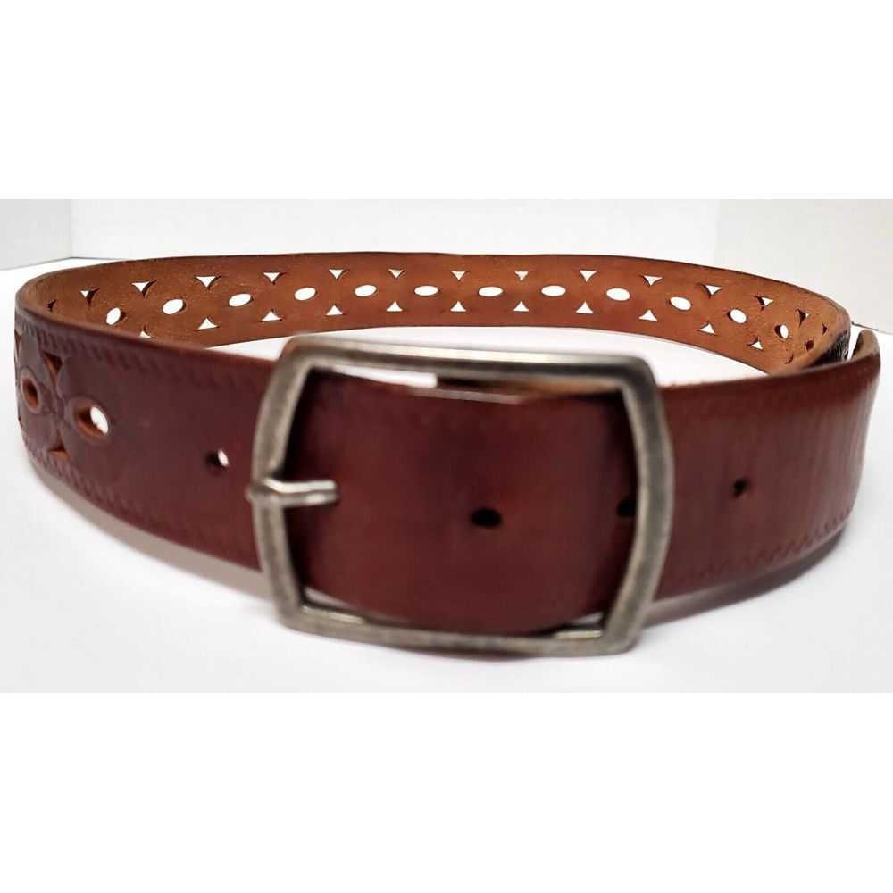 Lucky Brand Belt S Cognac Leather Pierced Tooled Leather Cowgirl Pewter Buckle - Picture 3 of 8